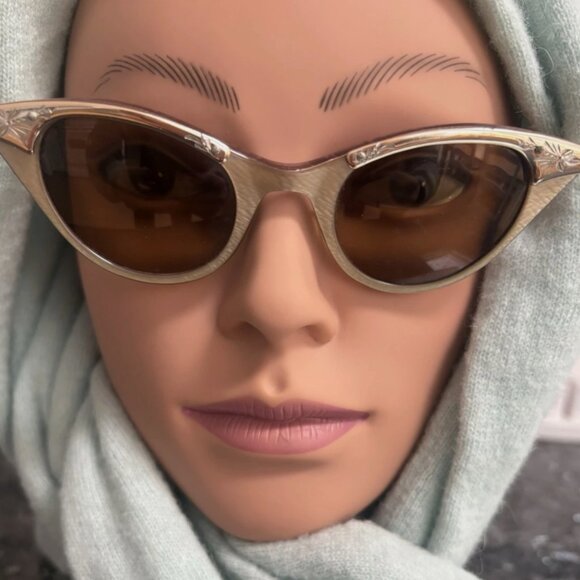 Vintage 1950s TITMUS Gold Aluminum Cat Eye Sunglasses Elegant Hollywood Glam